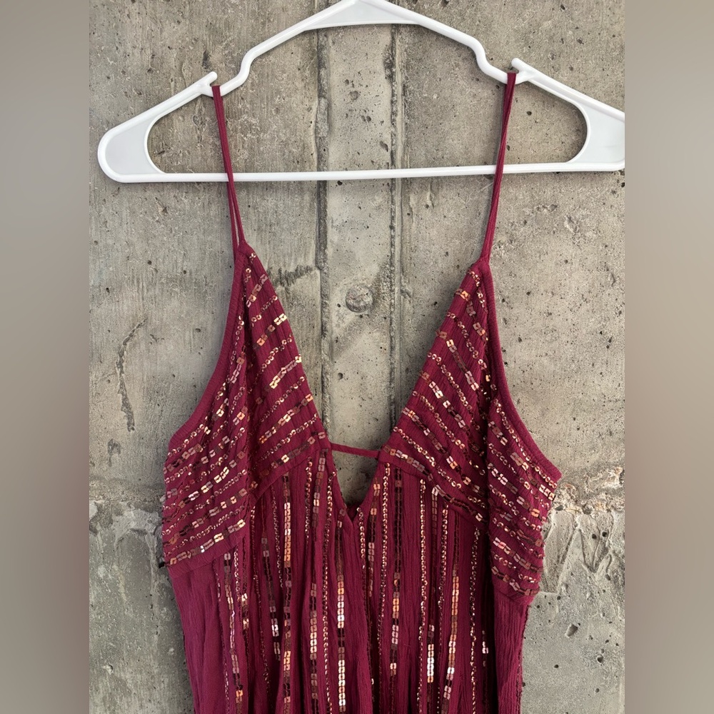 Free People Maroon and Gold Sequin Deep-V Neck Mini Dress